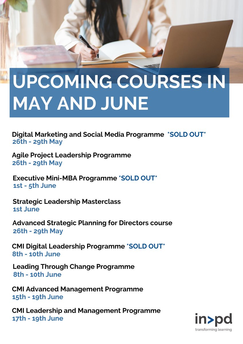 INPD_'s tweet photo. If you would like to find out more about our current learning opportunities you can see a list of some of our upcoming events below.
More info - https://t.co/RUkF05Z8tA or email us at enquiries@inpd.co.uk
#leadershipdevelopment #leadership #management #learningatworkweek2020 https://t.co/7bK6mbKZWg