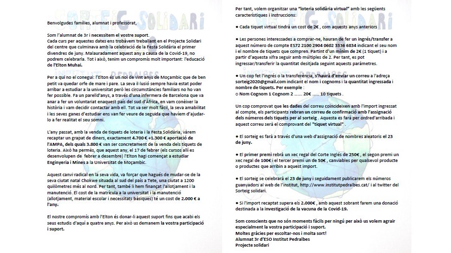 Sorteig Solidari 2020 Institut Pedralbes tweet media