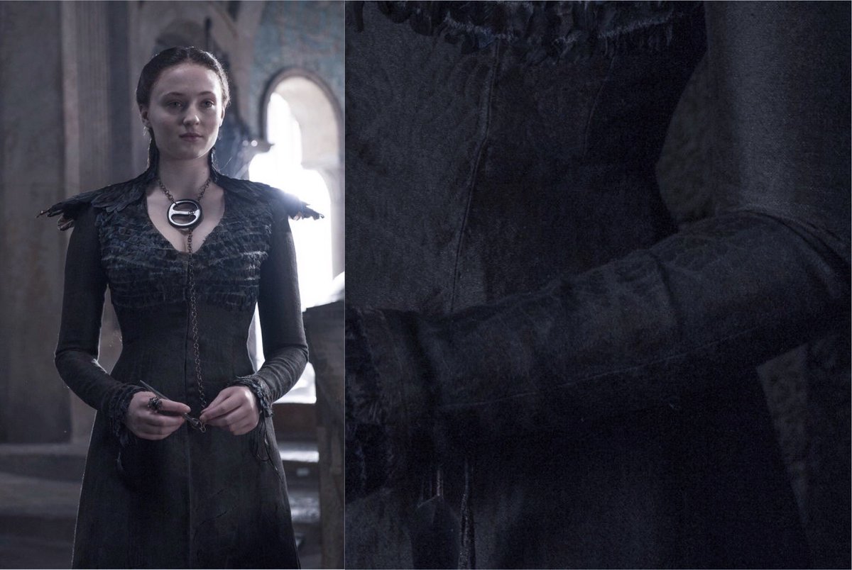The dress Sansa wears when leaving the Eyrie after Lysa Tully’s death symbolizes her transition from a girl to a woman. When Sansa lies about the causes of her aunt’s death she officially becomes a player of the game