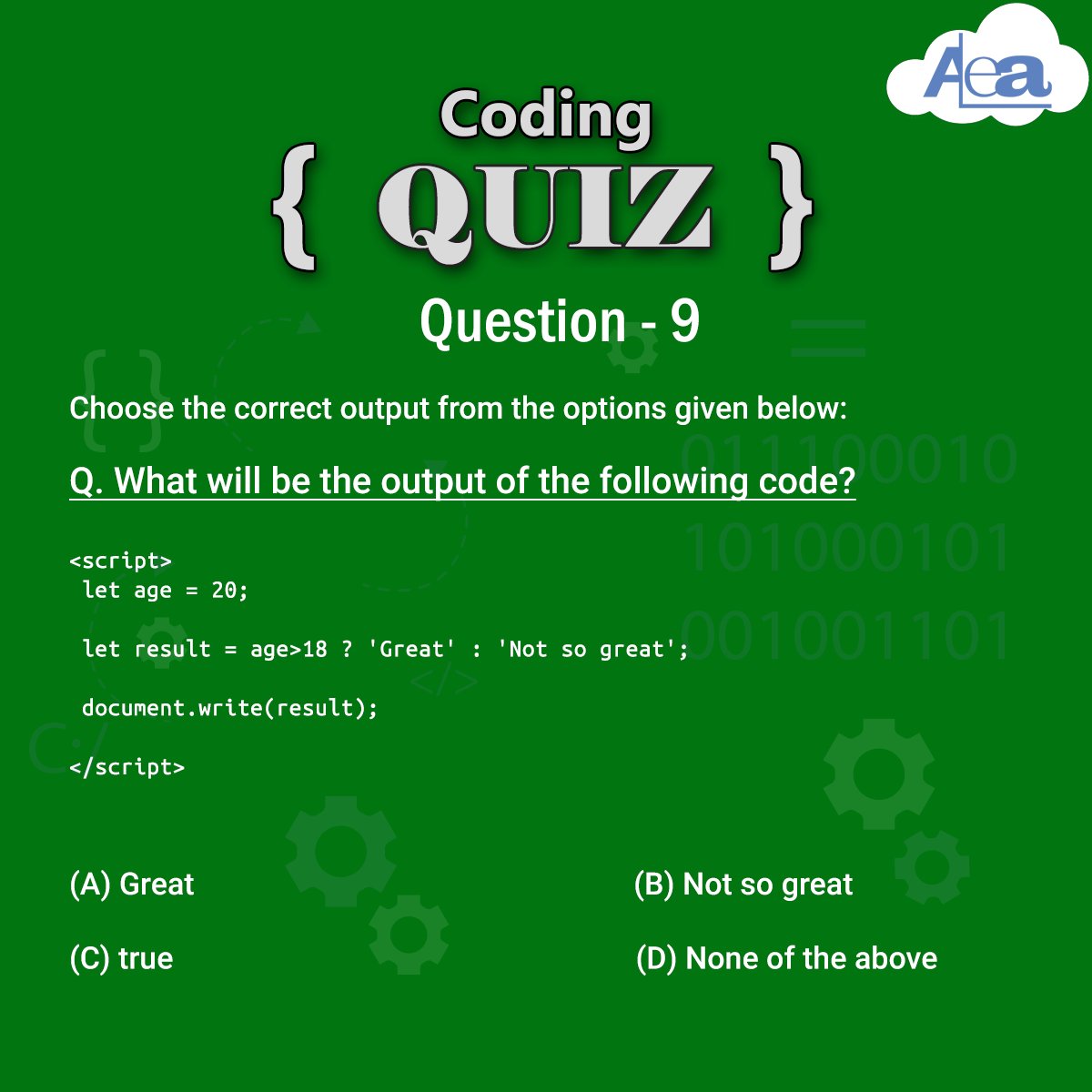 AleaIT's tweet image. Hello Tech Geeks !!
Participate in ALEA QUIZ CHALLENGE. Leave your answer in Comment Section & Tag 3 friends to challenge them.
The one who will give max. right answers will be declared as Coding Ninja of the week.
#Aleacodingninja #aleacodingdose
#CodingChallenge9 #week2