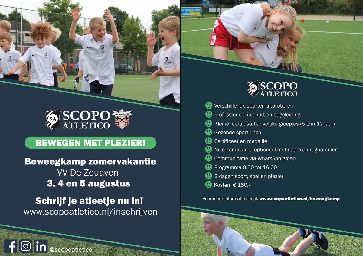 Dit jaar helaas geen Huttendorp maar we hebben een fantastisch alternatief! een Beweegkamp Zomervakantie!! door <a href="/scopo_atletico/">Scopo Atletico</a> van 3 t/m 5 augustus.
Klik op de link youtube.com/watch?v=KhWPvr… Zo wordt de zomervakantie toch nog geweldig! meedoen? klik hier scopoatletico.nl/inschrijven/
