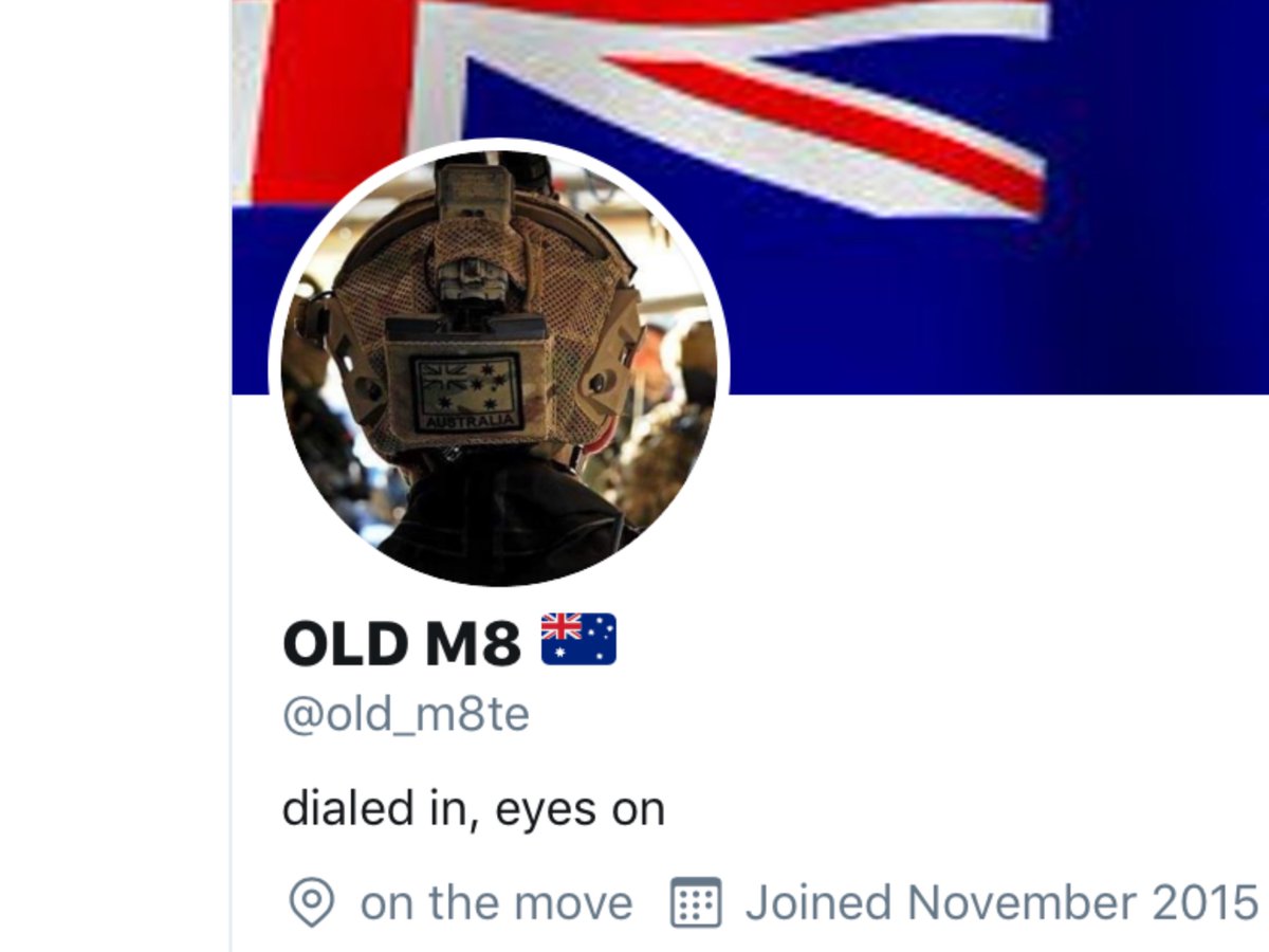 17) His account says ...“dialed in, eyes on, on the move”The impression given is that he some type of serious intelligence operative. The helmet is Australian Army issue.He does not show his face.
