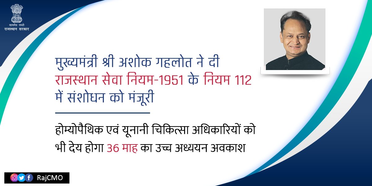 मुख्यमंत्री श्री अशोक गहलोत ने राजस्थान सेवा नियम-1951 के नियम 112 में संशोधन को मंजूरी दी है। जिसके तहत अब आयुर्वेद चिकित्सकों के समान ही प्रदेश में होम्योपैथिक एवं यूनानी चिकित्सा अधिकारियों को भी 36 माह का उच्च अध्ययन अवकाश मिल सकेगा।

dipr.rajasthan.gov.in/content/dipr/e…
