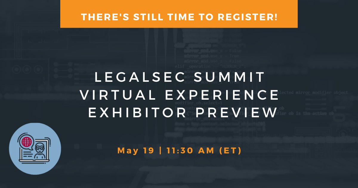 ILTANet's tweet photo. ILTA Business Partners &amp; Legal Tech Solution Providers: Please join us for our #LegalSEC20 preview today at 11:30 AM EST! You'll see an exhibitor hall sneak peek and have your questions answered! Register here: https://t.co/XDRFNYPIvX #legaltech #security #legalIT #legalsec https://t.co/5YBTcvIswE