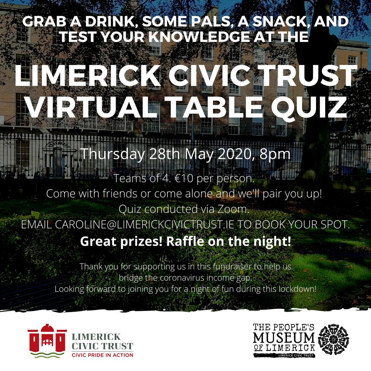 Grab 3 of your cleverest pals*, come up with a pun-tastic team name, buy in some fizz, &amp; support the vital work we do on #Limerick's historic streets, all at the same time! Thursday week we are having a QUIZ! All details below 👇*Singletons also welcome, we will team you up 😎