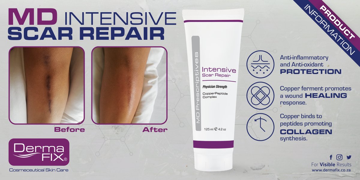 MD Intensive Scar Repair is a rich emollient combining CopperPeptide with a series of clinically proven active dermaceutical ingredients that boost your natural production of both collagen and elastin. #DermaFixSkinCare #WhatsYourFix