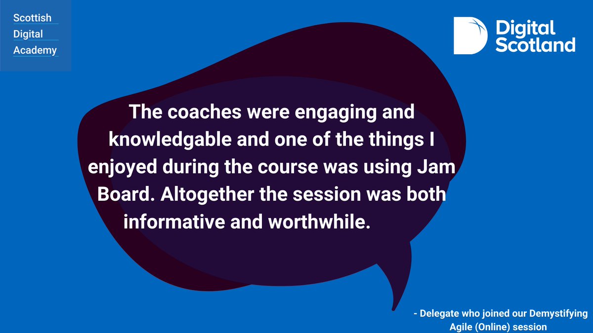 ScotGovSDA's tweet photo. Some positive feedback from one of our delegates who joined us last week for our Demystifying Agile Online session.
Interested in attending our next session?
Email: Digitalacademy@gov.scot
#BuildingCapability #EnablingCultureChange #Agile #ScottishDigitalAcademy https://t.co/TUHbA2iyU8
