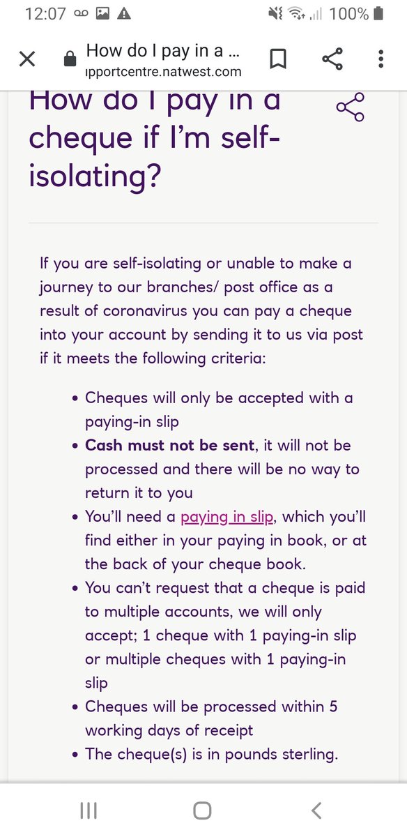 EmmaGrant1's tweet photo. @NatWest_Help please explain if I am self isolating how I can deposit a cheque. on your website it's still encouraging me to leave the house to post it to you? other banks have set up schemes where you can scan your cheque onto your mobile banking app? https://t.co/2LbmXhLjpZ