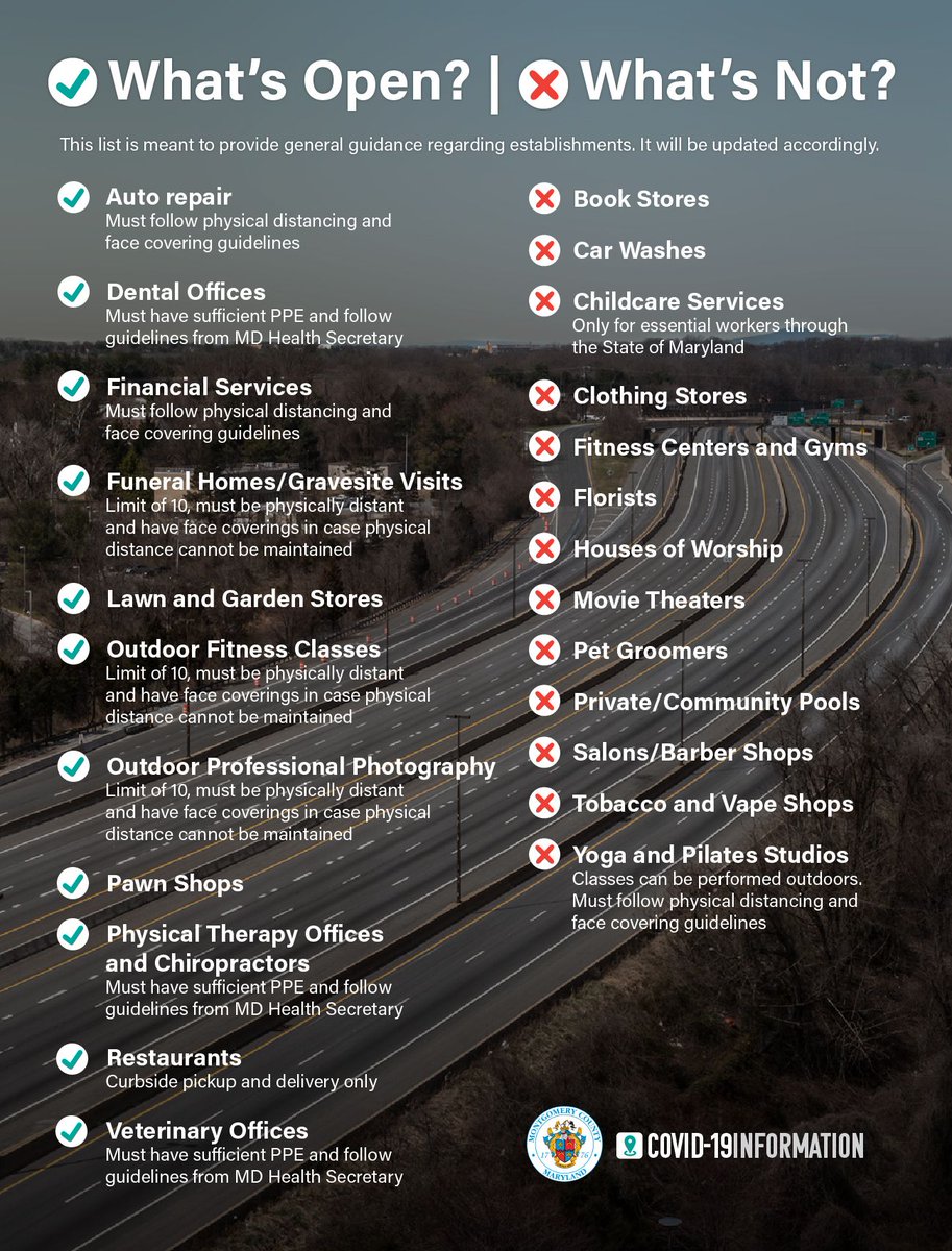 MontgomeryCoMD's tweet image. Good morning! Here's a quick look at what open and what's not in Montgomery County today, Tuesday, May 19. buff.ly/3e4haah #MoCo #StayHome #StaySafe