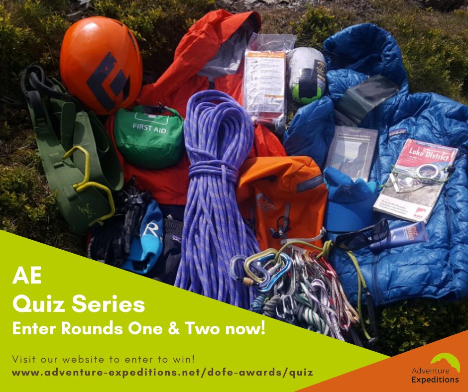 AE Quiz Series – play Rounds One &amp; Two now! There'll be a prize draw for each round and a final prize draw for those who've entered all four rounds. Visit: adventure-expeditions.net/dofe-awards/qu…
#AExpeditionsChallenges
#AESkillsForHills
#DofEWithADifference