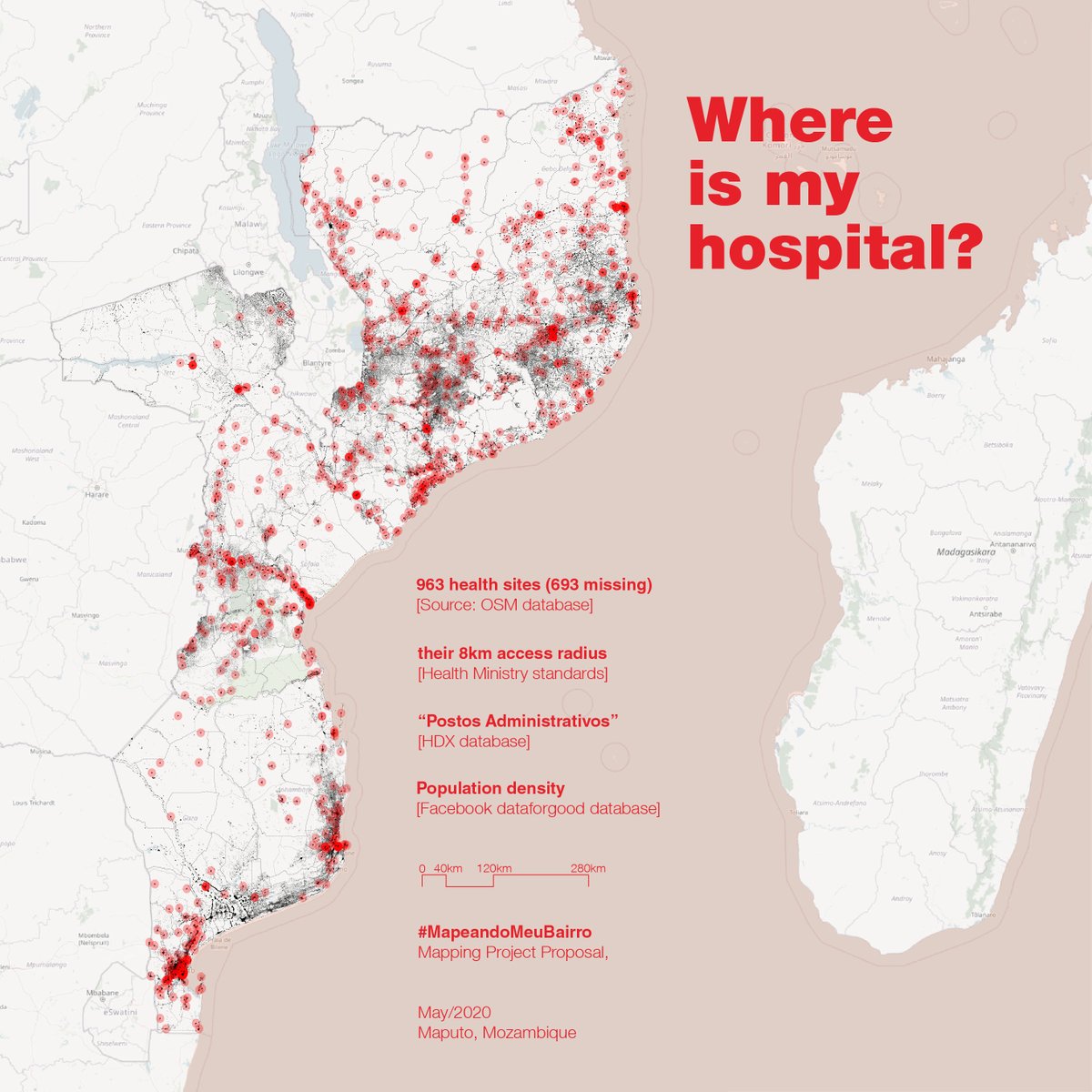 MapMeuBairro's tweet photo. 1/3
We want to help the Ministry of Health create an “interactive geographic Model” that initially will indicate areas of Mozambique where people live farthest away from a Health Facility. Because for patients, doctors, planners its sometimes hard to find out: #WhereIsMyHospital? https://t.co/EDoMTc73s4