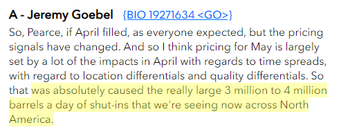 SHUT-INS (A THREAD): US and Canada combined shut-ins appear to have been running higher than what listed companies have disclosed, perhaps peaking as high as ~4.0 million b/d (the figure quoted by Plains All American Pipeline - below from their 1Q conference call) |  #OOTT 1/6