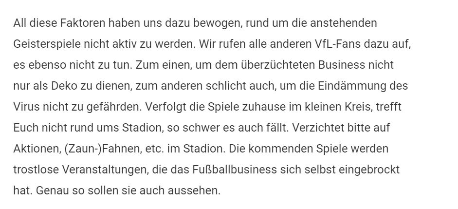Ultras Bochum say they will not attend the games in any form, and call for other  #meinVfL fans to do the same.“On the one hand, not to serve as the excessive football business' decoration, and on the other, for us not to endanger the containment of the virus.” 2/22