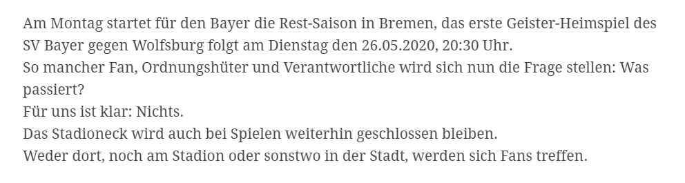 Nordkurve Leverkusen:“In regards to the question of what happens next: For us, nothing. There will be no fans gathering, neither at the stadium nor anywhere else in the city.” 12/22