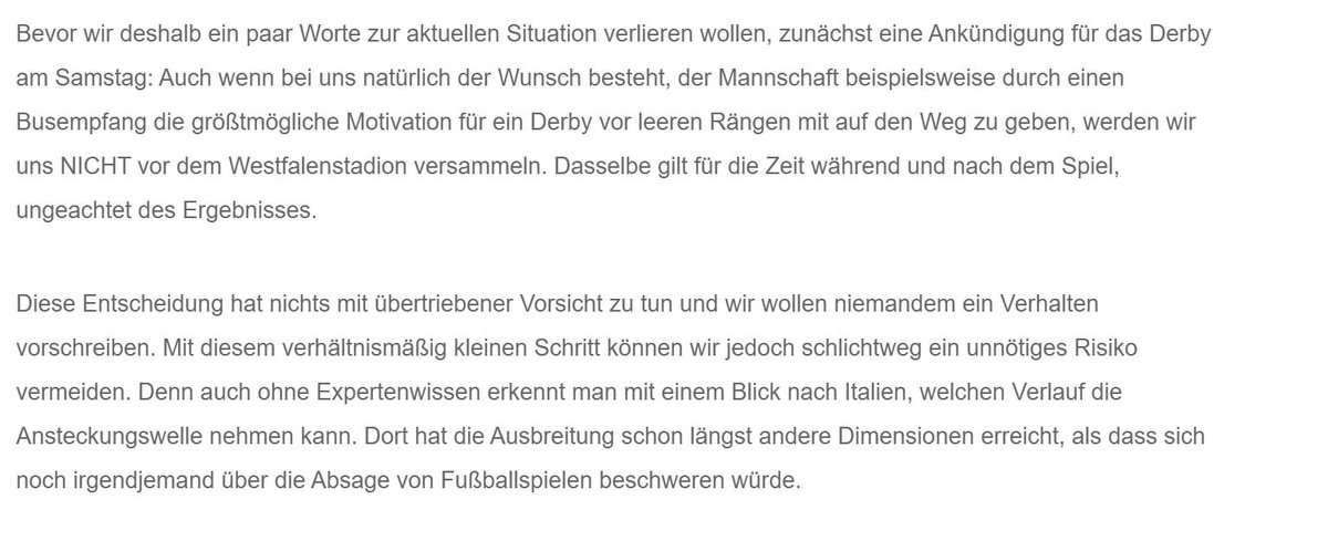 When the derby against Schalke was supposed to take place in March, Borussia Dortmund’s ultra groups said they will not attend the game or receive the players in any way, “to avoid unnecessary risk” of infections.RN reported this stance still stands. 3/22