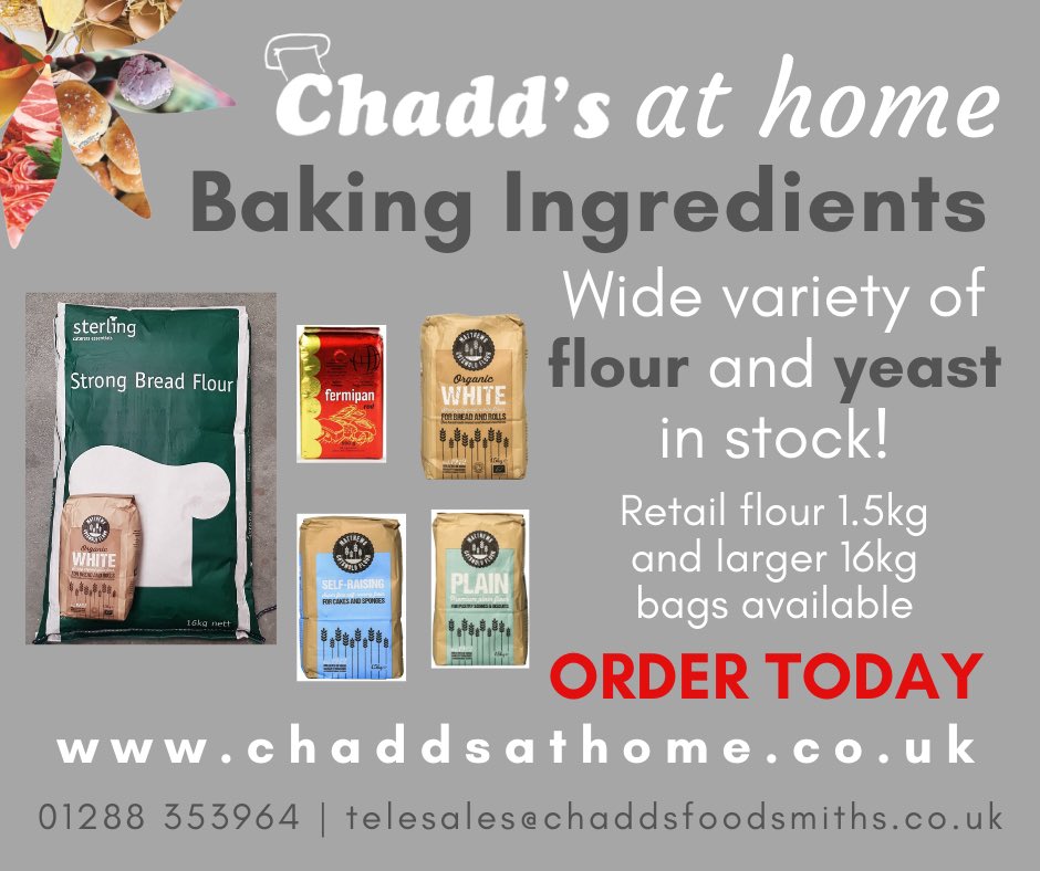 Flour and yeast available along with all other essential baking products via our website...  🍞🥖🍰👩🏼‍🍳🧑🏽‍🍳👨🏼‍🍳
chaddsathome.co.uk/collections/55…

#flour #yeast #homebaking #cantgetinthesupermarket #cake #bread #supportlocal #cornwall #chaddsathome #kernow #northcornwall #buylocal