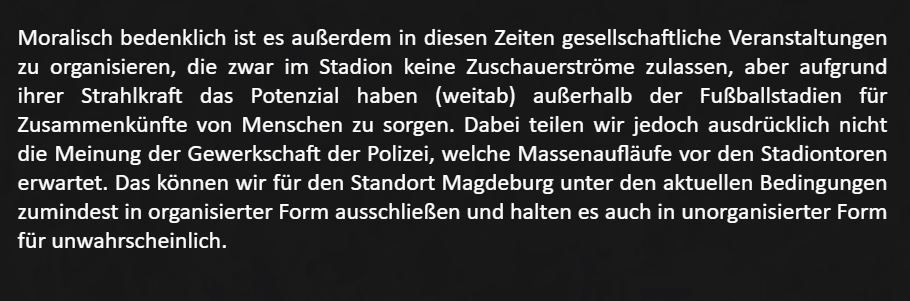 1. FC Magdeburg’s Block U (3. Liga) have ruled out attending games as a group.“We also think spontaneous fan congregations in Magdeburg are very unlikely,” they say. 9/22