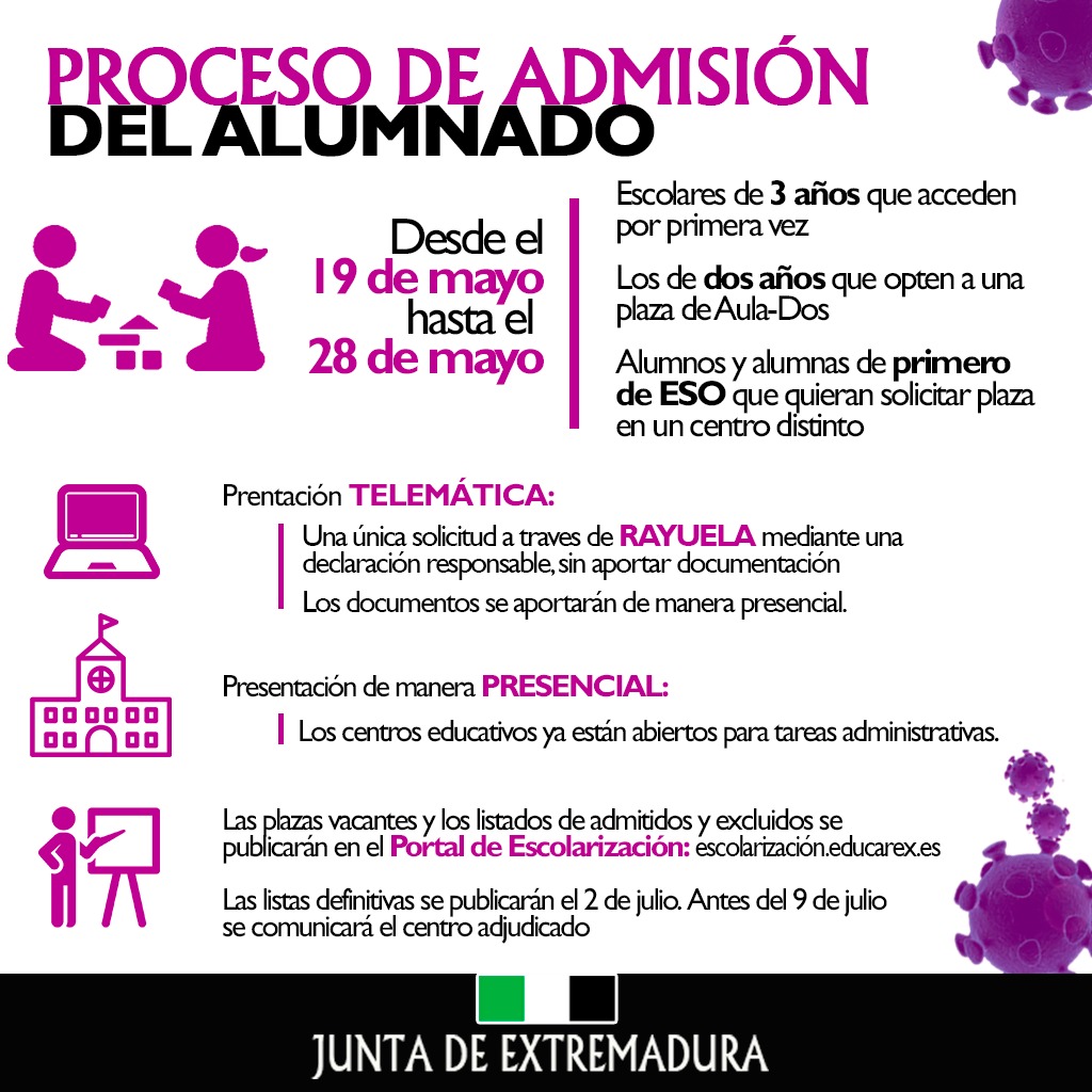 educacionEXT's tweet photo. ‼️ Desde hoy y hasta el 28 de mayo, abierto el plazo de solicitudes para la admisión del alumnado de 3 años, de 2 años en CEIP y para alumnado que pasa de 6° de Primaria a 1° de ESO el próximo curso.

📲 Telemáticamente

🙋🏫 Y presencialmente en los centros. https://t.co/0oVFNaUojm