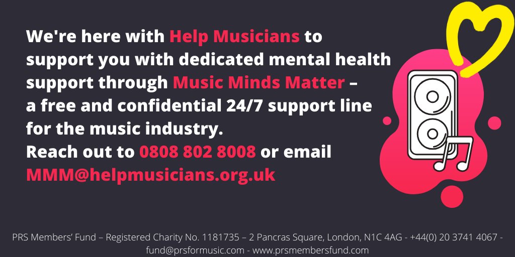 We offer support and advice to  @PRSforMusic members who are emotionally affected by the pandemic through our partnership with  @HelpMusiciansUK via Music Minds Matter – a free and confidential 24/7 support line for the music industry.More info  https://www.prsmembersfund.com/2020/05/19/mental-health-awareness-week-2020/