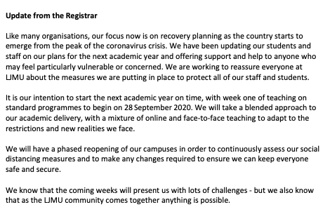 Our Registrar, Mark Power, has been updating #LJMU students and staff on our recovery plans as the country starts to emerge from the peak of the coronavirus crisis.

Please see a summary below. #LJMUTogether