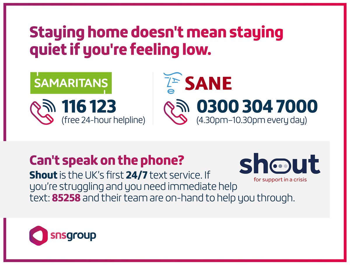 snsgroup's tweet photo. Especially during lockdown life can be mentally tough. Staying home doesn't mean staying quiet if you're struggling. Reach out to your friends, family or one of the dedicated services with staff ready on the line to help. #MentalHealthAwarenessWeek #MentalHealthMatters https://t.co/0vu1s561Ez