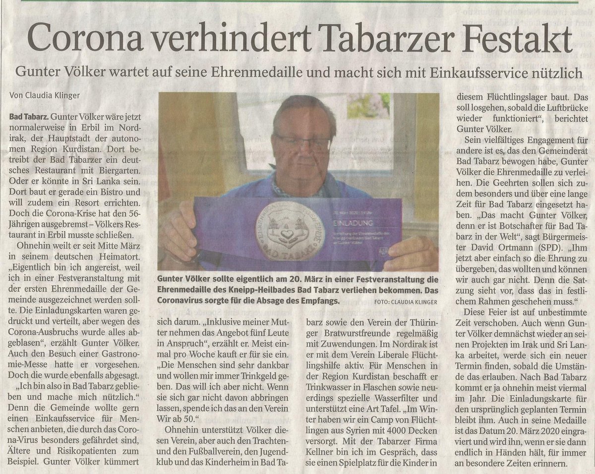 TobiasHuch's tweet photo. Gunter Völker wird von der Gemeinde #Tabarz für die #Flüchtlingshilfe in #Kurdistan ausgezeichnet und hilft jetzt alten Menschen wegen #Corona. Er hätte sogar den Verdienstorden des Freistaats #Thüringen verdient, @bodoramelow https://t.co/RM9YIqxoWN
