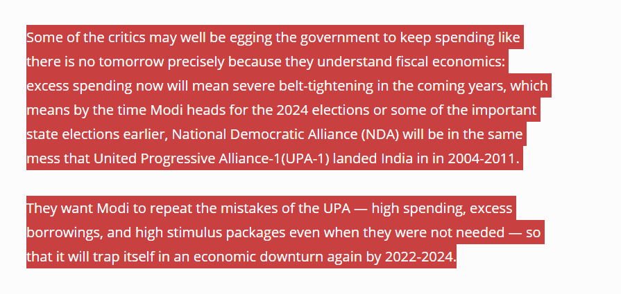 First, cash support or any other form of support during Covid is not a dole or subsidy. Jaggi’s main argument is that if govt spends now, it will cause a downturn during the election time like it happened in 2010-13. He lists all the subsidies, stimulus and econ policies of UPA
