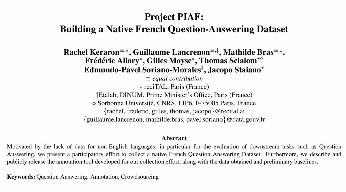 Etalab's tweet photo. [Thanks to the @lrec2020, our paper is out!] Non-English data to train algorithms are rare: we built a native French Q&amp;A dataset, using a participatory approach #PIAF #crowdsourcing #annotation https://t.co/s6ZELW5PTo https://t.co/GInQY2lZyC