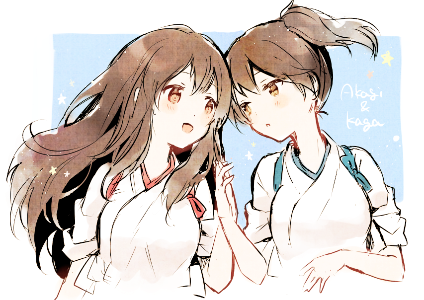 akagi (kancolle) ,kaga (kancolle) multiple girls 2girls long hair brown hair side ponytail brown eyes tasuki  illustration images