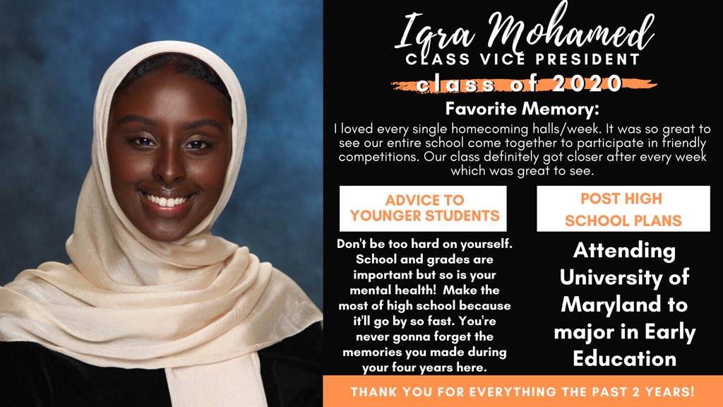 This week we are highlighting our amazing Senior Officers who have dedicated their time to making RHS a better place!
.
.
.
Here is Iqra Mohamed who was an officer for two years. Best of luck at UMD and all of your future endeavors! 🎓🧡🖤 #therockvilleway