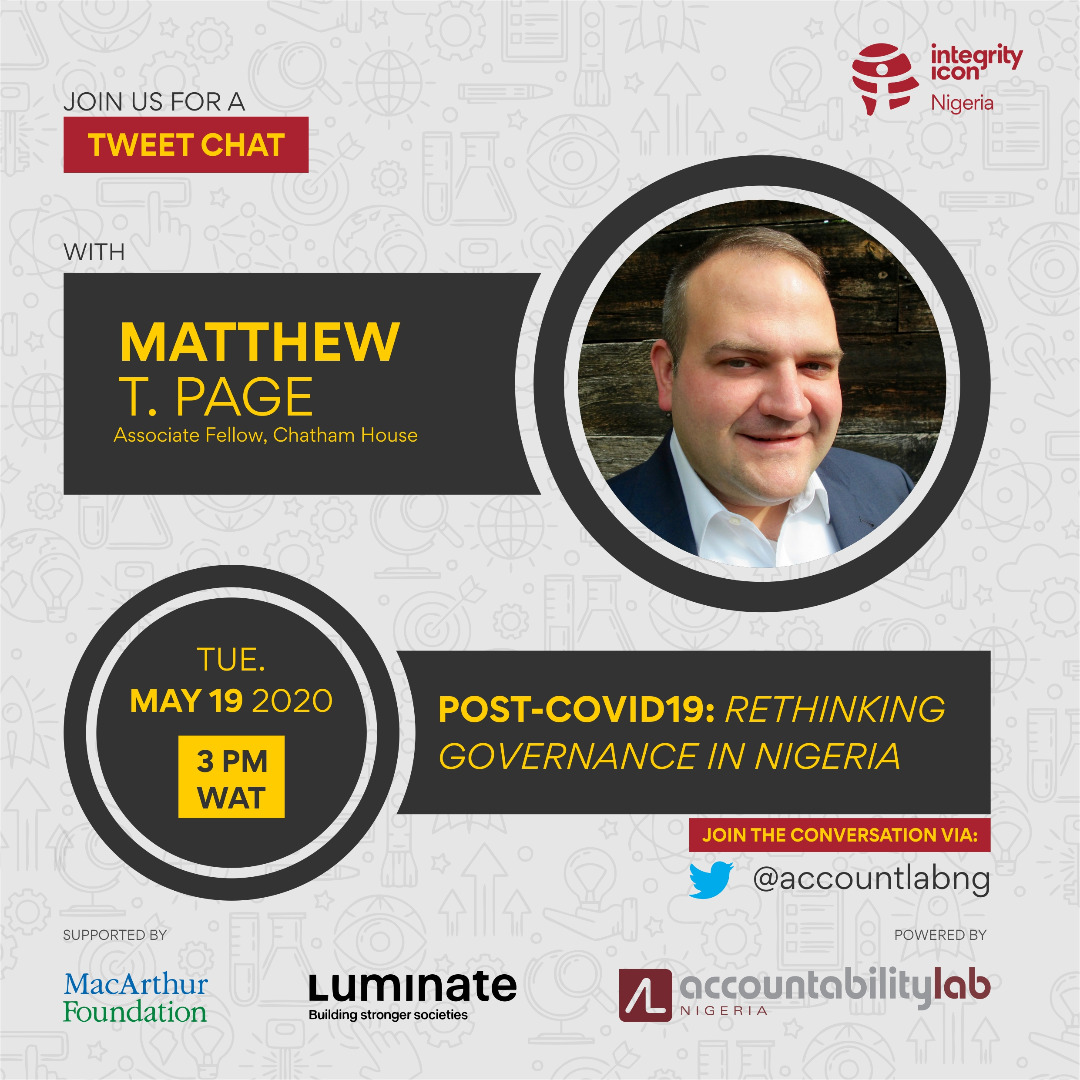 Join us on this thread from 3pm WAT today as we discuss the critical issue of  #corruption in  #Nigeria with  @MatthewTPage  #ResponsibleLeadership #TakeResponsibility #EndCovidScamNow #IntegrityIcon