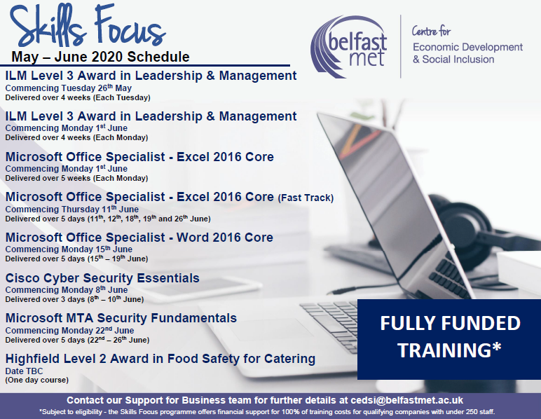 Now is the perfect time to upskill with a #SkillsFocus course.

Skills Focus offers financial support for 100% of training costs for qualifying companies with under 250 staff.

Spaces are filling fast! Contact us on cedsi@belfastmet.ac.uk or visit belfastmet.ac.uk/support-for-bu…
