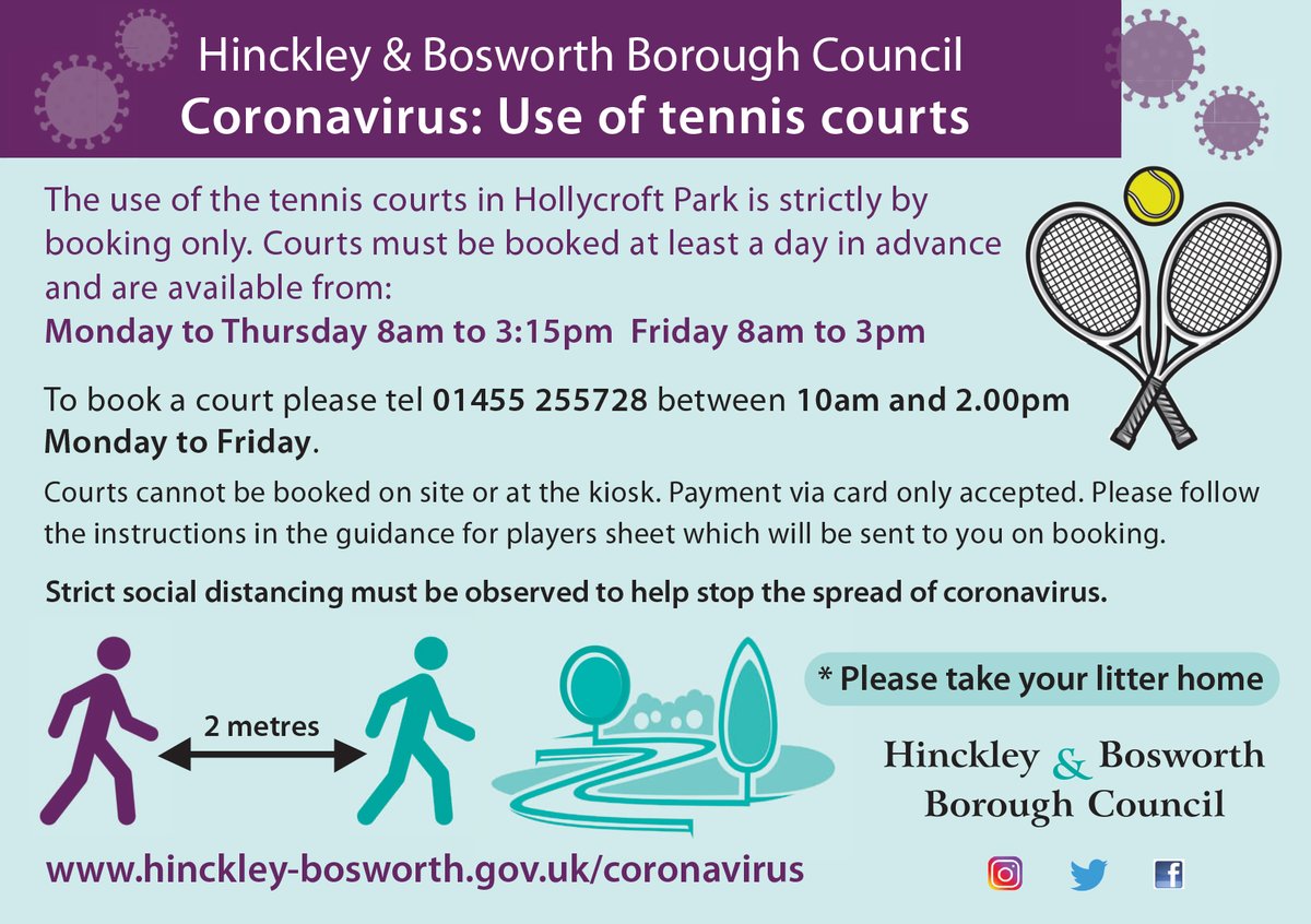 The tennis courts at Hollycroft Park reopen tomorrow.  You can book a court from today. For your safety and to make social distancing easier, we've made a few changes to the booking process and you must bring your own equipment for the time being.  More: ow.ly/jNVe50zKeTk