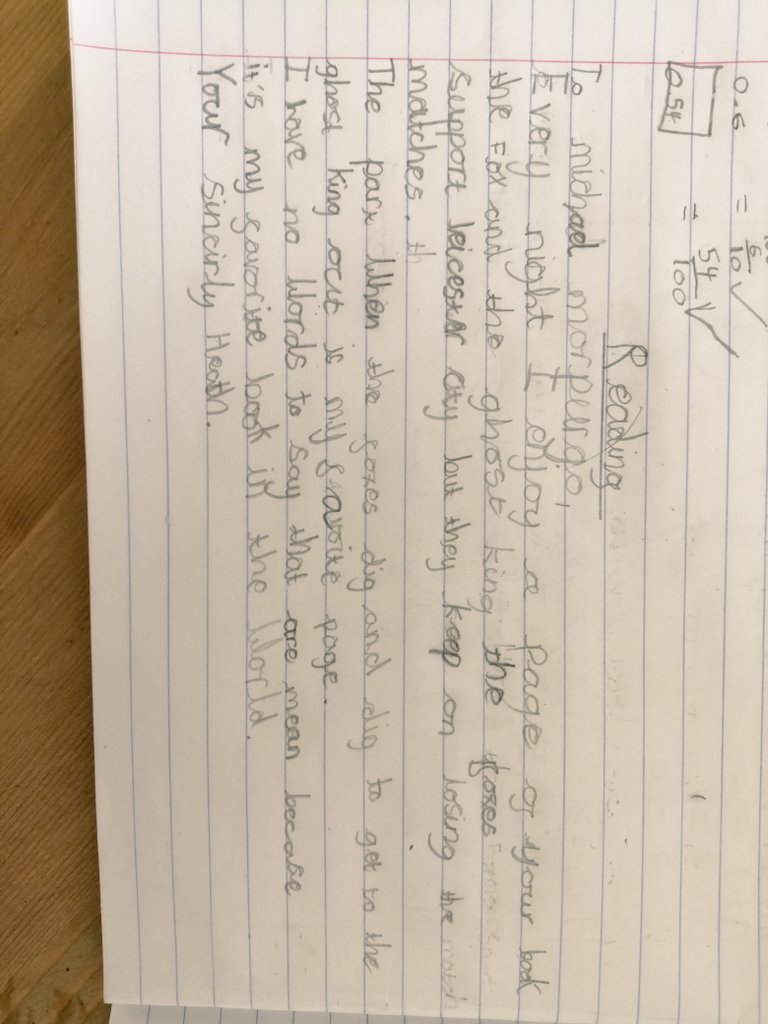 themrsjackbauer's tweet photo. Hey @michaelmorpurgo my son was ask to write about a book, good or bad. He choose yours as his favourite @washingborough @wash_lks2 https://t.co/VVqRJ75xyl
