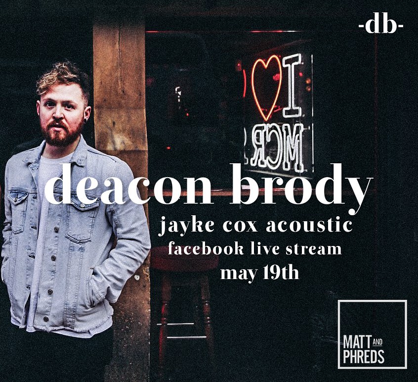 Tune into our FB page or mattandphreds.com at 6pm tonight &amp; enjoy punk rockers <a href="/DeaconBrodyUK/">DEACON BRODY</a>'s lead guitarist/vocalist JAYKE COX performing an acoustic set!

Folk-tinged guitar playing and beautiful melodies to ease you through Tuesday evening in style!

#LiveStream #Gigs