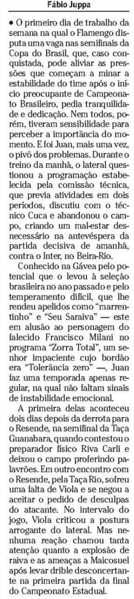 flahistoria's tweet photo. 19/05/2009 #flahistoria 
[📰O Globo]- Copa do Brasil

As vésperas da decisão com o Inter, Juan tumultua o Fla
#FlaJuanMarrentinho #FlaCopadoBr2009 #FlaInter https://t.co/rLZ1PSkG48