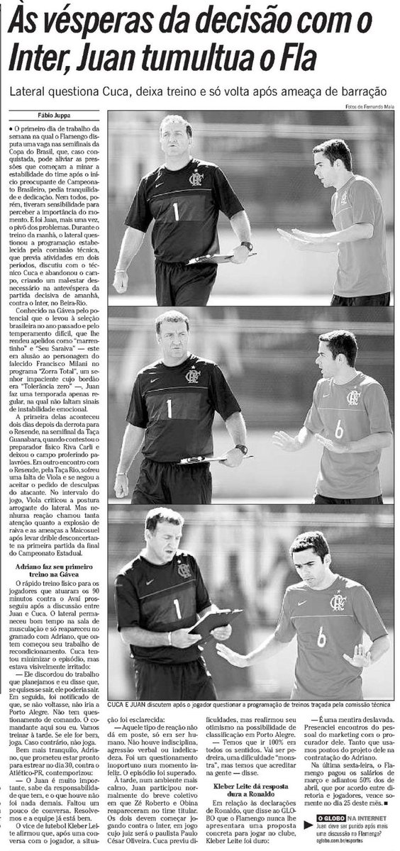 flahistoria's tweet photo. 19/05/2009 #flahistoria 
[📰O Globo]- Copa do Brasil

As vésperas da decisão com o Inter, Juan tumultua o Fla
#FlaJuanMarrentinho #FlaCopadoBr2009 #FlaInter https://t.co/rLZ1PSkG48