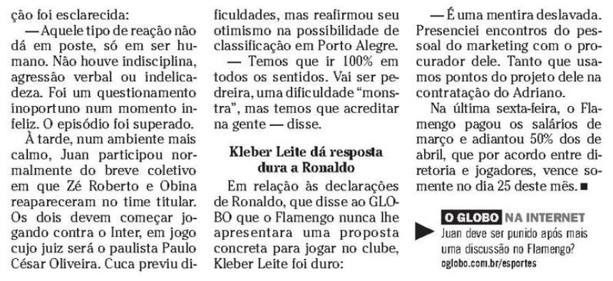 flahistoria's tweet photo. 19/05/2009 #flahistoria 
[📰O Globo]- Copa do Brasil

As vésperas da decisão com o Inter, Juan tumultua o Fla
#FlaJuanMarrentinho #FlaCopadoBr2009 #FlaInter https://t.co/rLZ1PSkG48