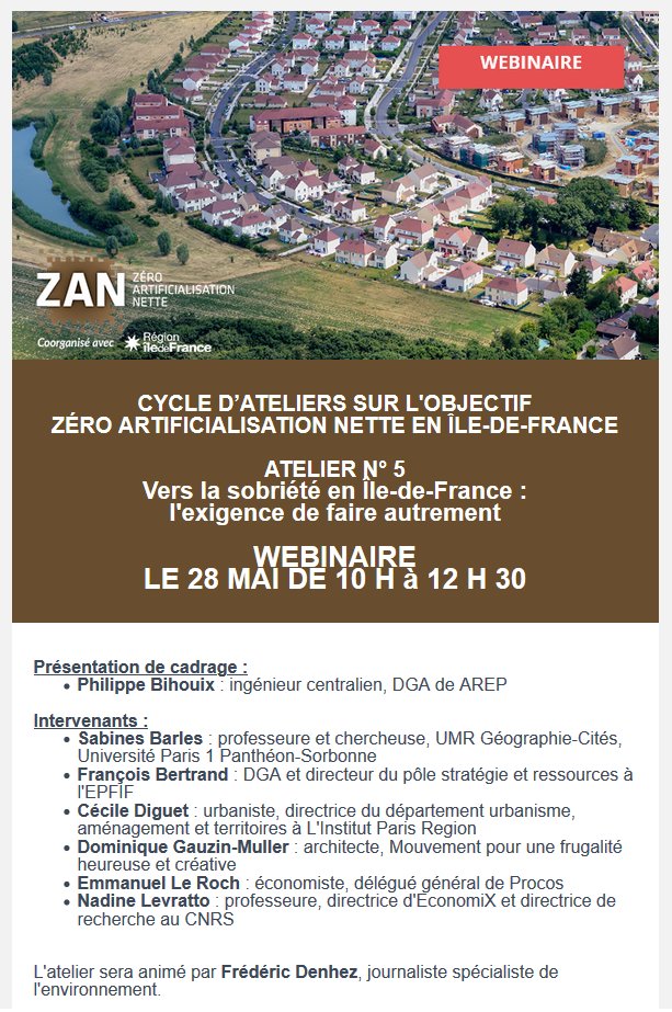 #Webinaire Vers la sobriété en Île-de-France : l'exigence de faire autrement
Assistez au 5e atelier du cycle Objectif Zéro artificialisation nette  #ZAN 
🗓️ 28 mai - 10 h - 12 h
institutparisregion.fr/environnement/…