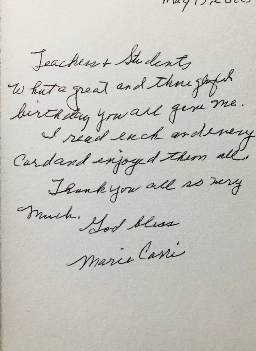 Seventh-grader, Preston Klein, asked his fellow students to wish his great grandmother, Marie, a happy 94th birthday by sending her cards in the mail. We received this sweet thank you note from his grandmother! Our students are truly rare and special. #rooted #kindness #serve