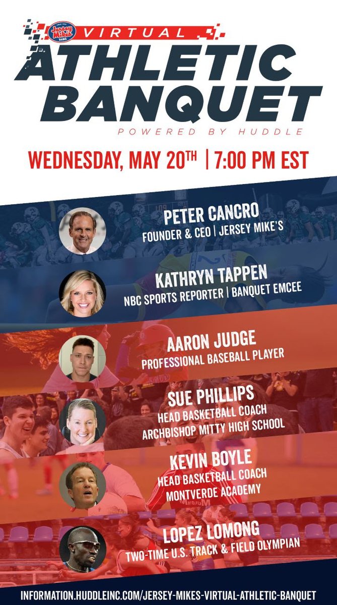 MillisAthletics's tweet photo. 🚨🚨ATTENTION MOHAWK NATION🚨🚨 MILLIS HS/community are invited to @jerseymikes Virtual Athletic Banquet tomorrow night @ 7pm.  @NBCSports Kathryn Tappen and @Yankees Aaron Judge among others will be part of the event. Registration link, details below. https://t.co/VSotpkl0Q8 https://t.co/h8kAPvBNP3