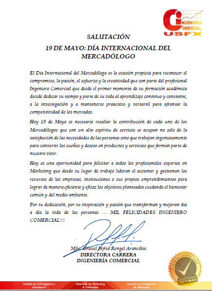 IngComUSFX's tweet photo. Una felicitación llena de afecto, respeto y agradecimiento a todos los que son o se forman para ser Ingenieros Comerciales; por su dedicación, perspicacia e ingenio puesto día a día en su trabajo, proyecto o emprendimiento que contribuye a un mejor futuro para la sociedad. https://t.co/CjMRAsrxhV