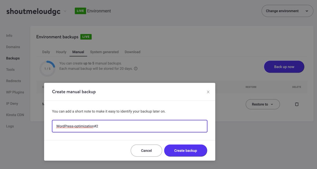 But, first thing first...Always take a backup before tinkering with  #WordPress database with  @kinsta taking manual backup is a breeze You can also use this free plugin for DB backup  https://www.shoutmeloud.com/wp-db-manager-plugin-wordpress-database-optimization.html @blogVault too  https://bit.ly/36bBCDr  (Paid)