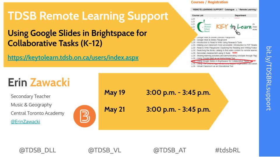 Join @BaileyRose1616 @MrTangCTA and I to learn about how to integrate @GoogleDocs Slides in @Brightspace to promote classroom collaboration for K-12. Register on Key2Learn to come and learn with us!

@TDSB_DLL @EDUholtz27 @ccatwell @chezchan