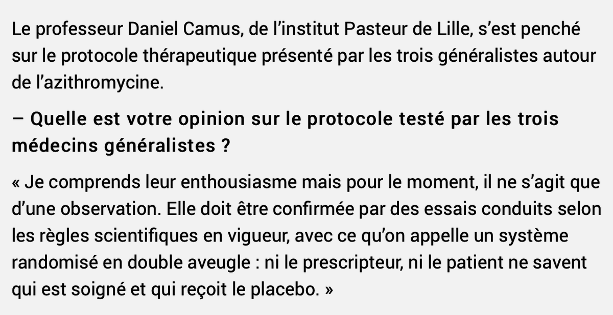 Addenda (Art. VdN mentionné). Pr Daniel Camus (Institut Pasteur, Lille) ne ferme pas la porte à l’idée d’un essai randomisé azithro. (+ etc.) vs placebo. J’ignore si un tel essai a été entrepris (ou, dans un tel cas, sur quels profils de patients et à quel stade de la maladie).