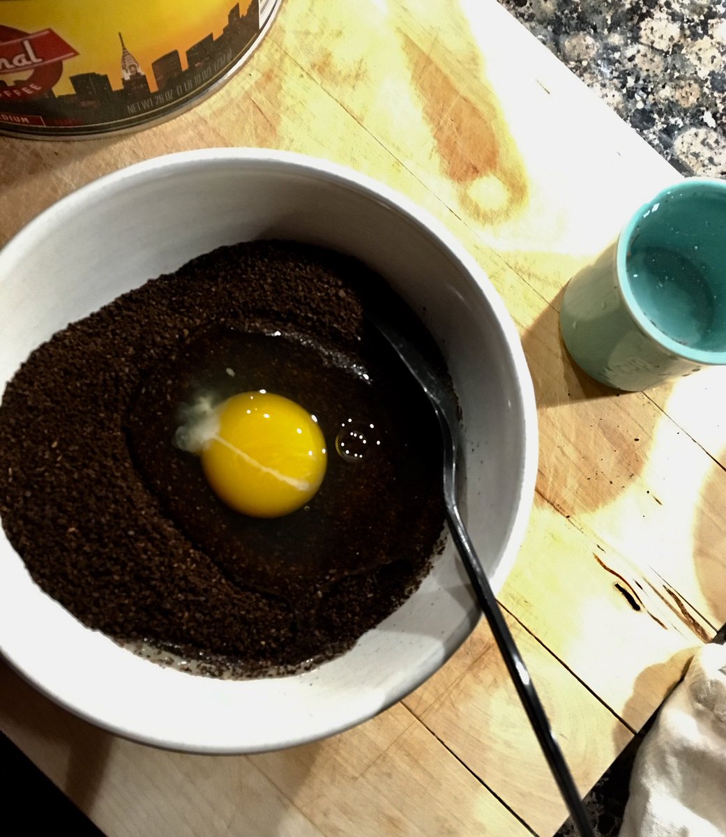 Depending on how strong you like your coffee, measure 3/4 cup (regular) to 1 cup (Molly-level) coffee into a bowl.Now is the weird part. Crack an egg into it, add 1/4 cup or so of water, stir until consistency of potting soil.Just remember: it is juicing the caffeine out /18