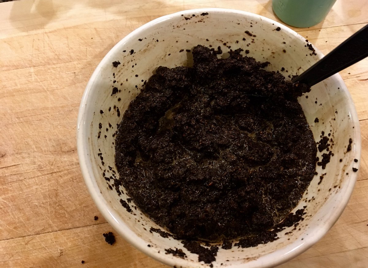 Depending on how strong you like your coffee, measure 3/4 cup (regular) to 1 cup (Molly-level) coffee into a bowl.Now is the weird part. Crack an egg into it, add 1/4 cup or so of water, stir until consistency of potting soil.Just remember: it is juicing the caffeine out /18
