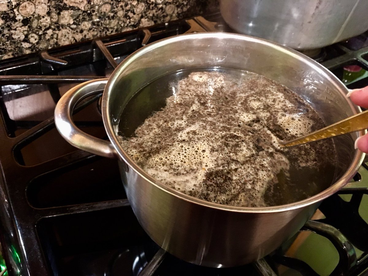 Let it sit while water boils, putter around kitchen, feed cats, etc. When the water is boiling — huzzah — add in all the coffee goop, slowly, don’t let it boil over onto the stove. Get all that sludge out of bowl! Stir it once or twice — then leave it alone for the duration /19