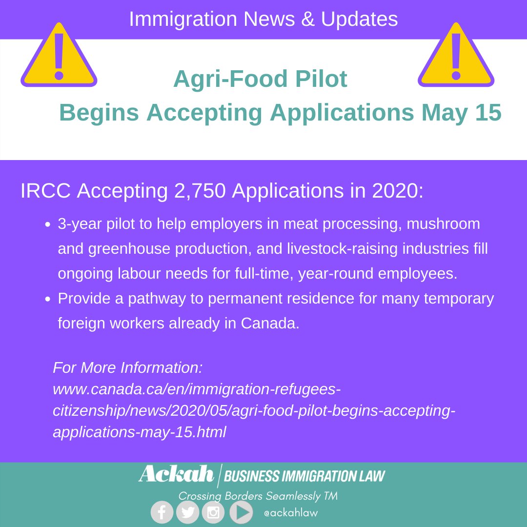 AckahLaw's tweet image. Agri-Food Pilot begins accepting applications May 15
IRCC Accepting 2,750 Applications in 2020:

canada.ca/en/immigration…
#CanadaImmigrationLawyer #PivotAndThrive #EconomicImmigration #TFW