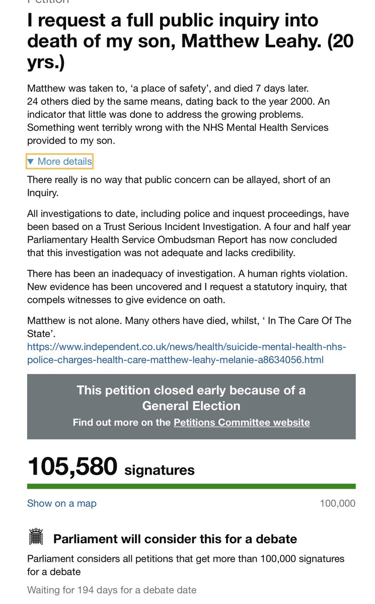 A call out to all families who have had a loved one die due 2 failings in Mental health care in the UK &amp; their MP is aware
2 get involved with the debate I have called in2 Matthews death through my completed UK government petition

Please pm me and if u know of families please on